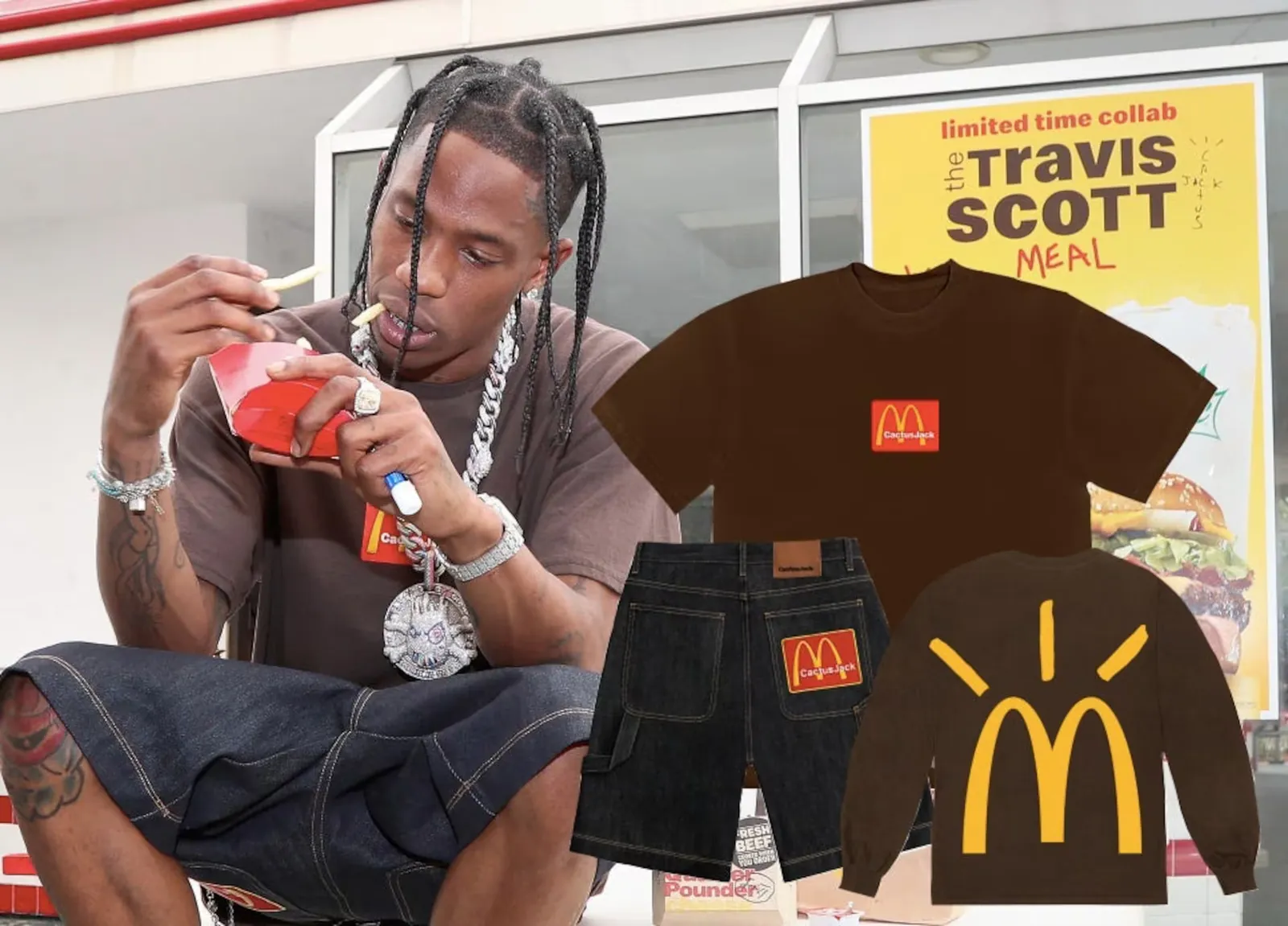 Travis Scott eating McDonald's fries beside Cactus Jack and McDonald's collaboration merch